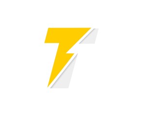 T letter logo, vector font with lightning flash power icon