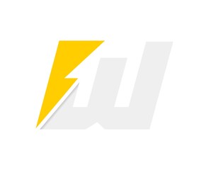 W letter logo, vector font with lightning flash power icon
