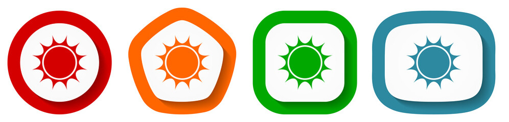 Sun vector icon set, flat design buttons on white background for webdesign and mobile phone apps