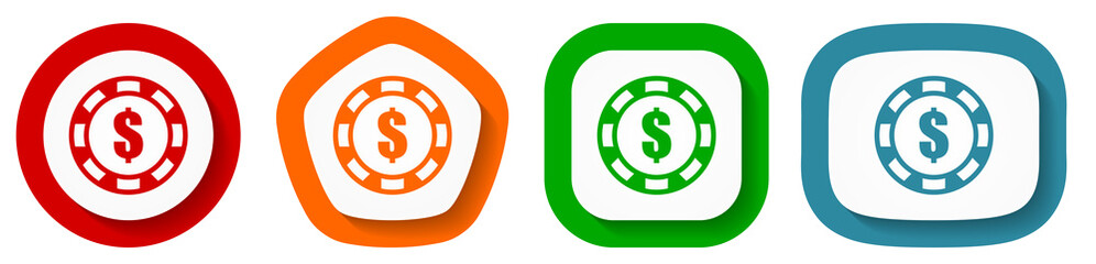 Casino chip vector icon set, flat design buttons on white background for webdesign and mobile phone apps
