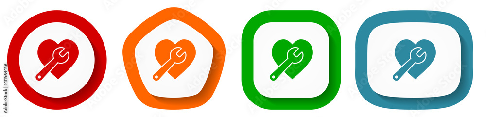 Poster Wrench and heart vector icon set, flat design buttons on white background for webdesign and mobile phone apps