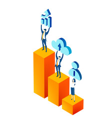 Isometric 3D business environment. Business people stand at growth chart and holding up icons as symbol of working together and achieving  success