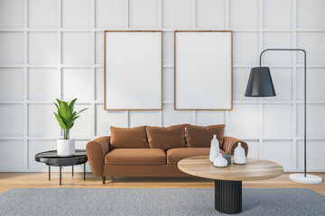 Mockup canvas in white living room with brown sofa and table on carpet