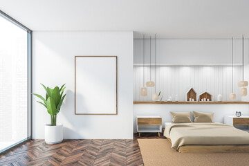 Mockup frame in white and wooden room with bed with decoration