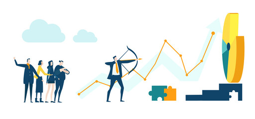 Businessman aiming at target with bow and arrow, business concept illustration, working together, winning and achievers idea 