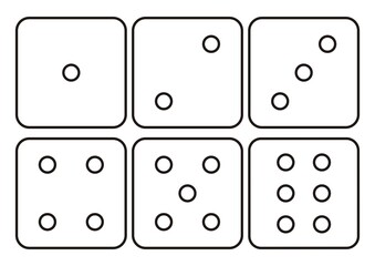 Dice cartoon icons set. Traditional die with six faces of cube marked with different numbers of dots or pips from 1 to 6. Learn how to count up to six for kids, drawing. Isolated vector illustration.

