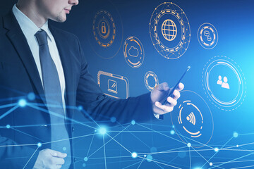 Side view businessman in formal wear using phone, working on new