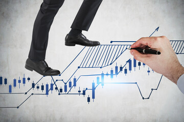 Business man legs climbing up on financial stock market chart. to beat the market. Financial...
