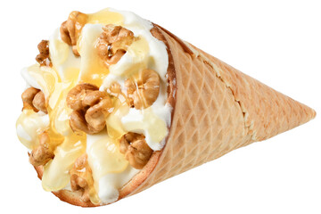 Ice cream in a waffle cone with caramel isolated