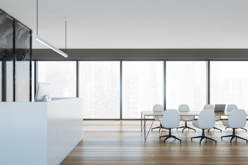 Empty office conference meeting room with reception desk computer and marbel wall, wooden parquet. Panoramic windows. City view.