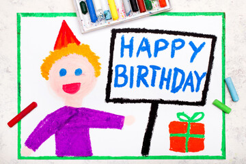 Obraz na płótnie Canvas Colorful drawing: Happy Birthday card. Smiling birthday boy with gift