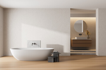 White bathroom interior with a white tub, sinks and round mirrors. mock up