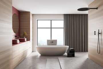 Fototapeta na wymiar Wooden light bathroom with white bathtub, shower and sinks near window