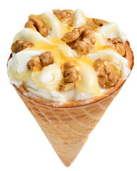 Ice cream in a waffle cone with caramel isolated