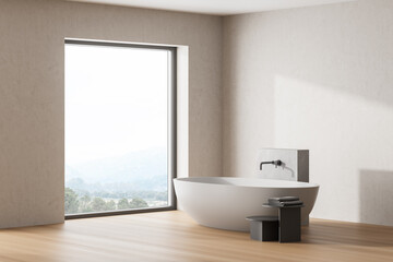 Fototapeta na wymiar Wooden bathroom interior with a white bathtub, big panoramic window.