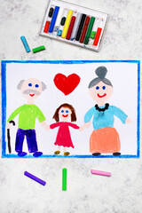 Colorful drawing: Grandparents Day card. Smiling grandmother, grandfather and their granddaughter