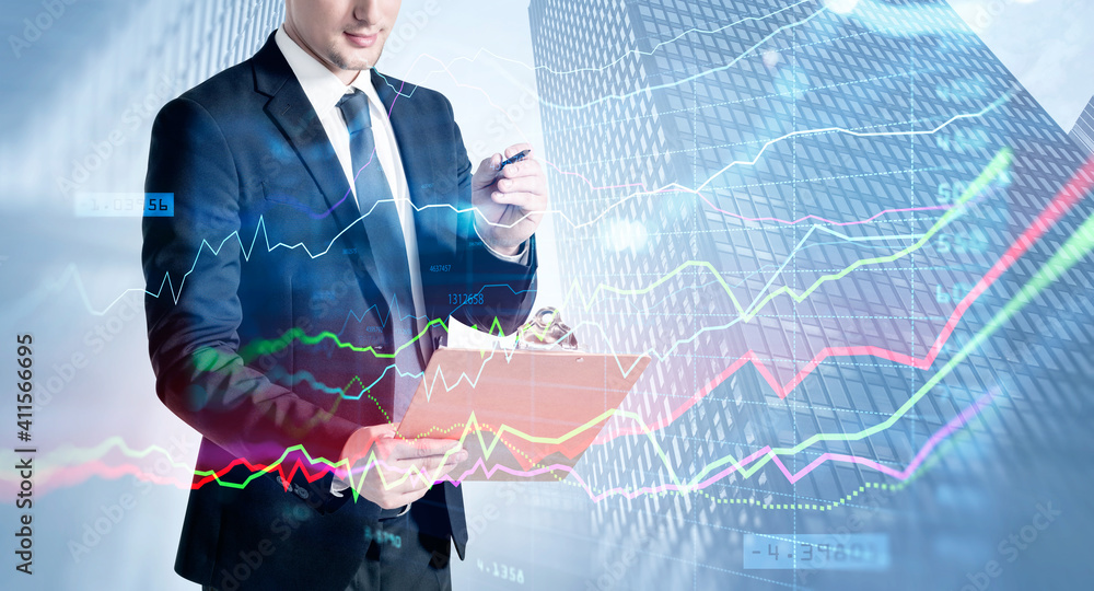 Poster a financial analyst is making notes and trying to settle a new approach to deal with clients needs t