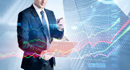 A financial analyst is making notes and trying to settle a new approach to deal with clients needs to boost the business and achieve exceptional financial results. Double exposure. low angle downtown.