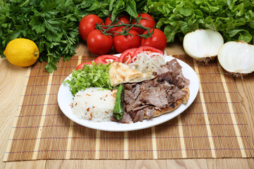 turkish meat doner kebab with rice pilaf