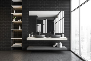 Black brick bathroom with two sinks, shelves, mirror and big window