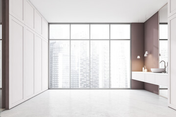 Wooden and white bathroom with sink, mirror and window with city, front view. Minimalist design of modern bathroom with concrete floor and shelves.