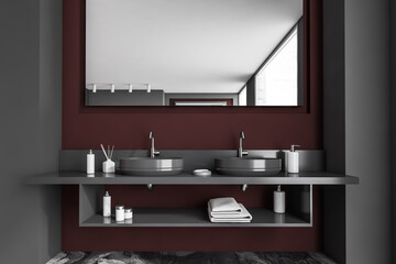 Concrete dark grey bathroom interior with a grey marble floor, a double sink.