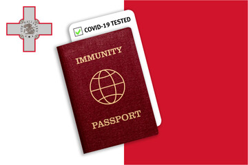 Immunity passport and coronavirus test with flag of Malta