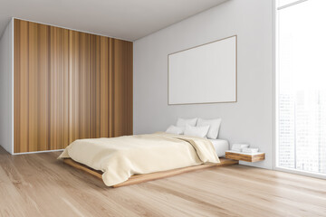 Mockup canvas in beige bedroom, bed with linens and wooden wardrobe on parquet floor