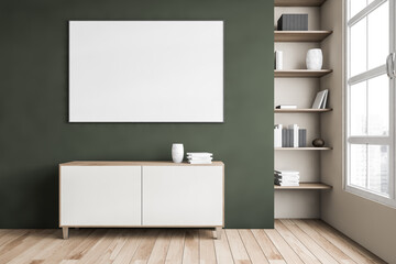 Mockup canvas above commode, green wall and bookshelf near window