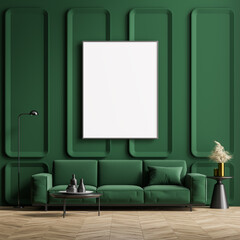 Mock up poster in the interior of the living room with a green wall and sofa. Wooden parquet.