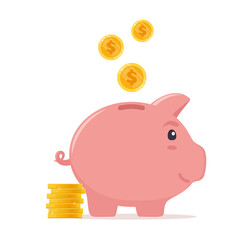 Piggy bank with coins. Money saving, economy, investment, banking or business services concept. Profit, income, earnings, budget, fund. Vector illustration.