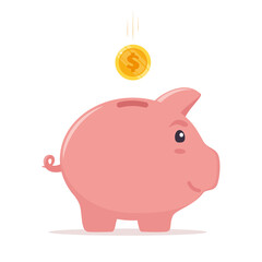 Piggy bank with coin. Money saving, economy, investment, banking or business services concept. Profit, income, earnings, budget, fund. Vector illustration.
