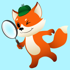 funny cartoon detective little fox looking for items with a magnifying glass on blue background. vector illustration
