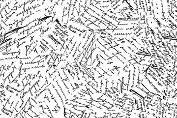 Obraz premium Grunge texture of handwritten unreadable text on a piece of paper, torn into small pieces. Illegible handwriting, torn poems, letters. Vector illustration. Overlay Template.