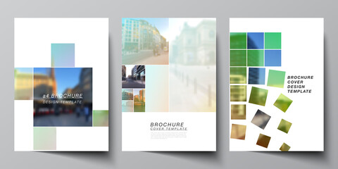Vector layout of A4 cover mockups design templates for brochure, flyer layout, booklet, cover design, book design, brochure cover. Abstract project with clipping mask green squares for your photo.