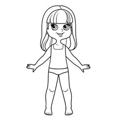 Cute cartoon girl dressed in underwear and barefoot withlong straight hair hairstyle outline for coloring on a white background