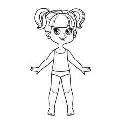 Cute cartoon girl dressed in underwear and barefoot with hairstyle two ponytails outline for coloring on a white background