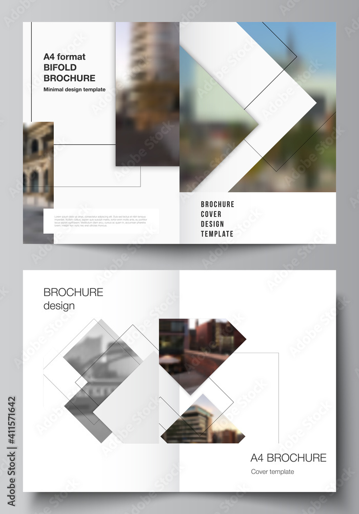 Poster vector layout of two a4 format cover mockups design templates with geometric simple shapes, lines an