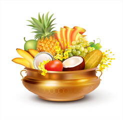 Traditional Indian pot (uruli) with fruits, mirror, textile and konna flowers (cassia fistula) - attribute for South Indian New Year festival Vishu (Vishukani). Vector illustration.