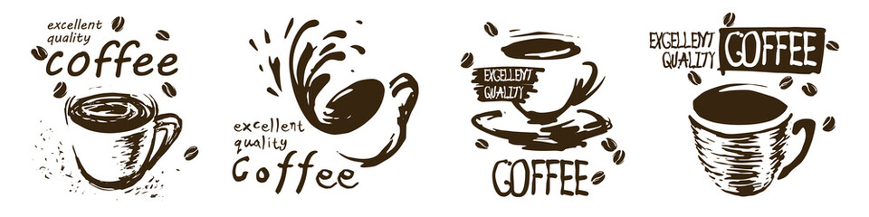Vector set of drawn coffee cup logos on white background