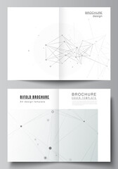 Vector layout of two A4 cover mockups templates for bifold brochure, flyer, magazine, cover design, book design. Gray technology background with connecting lines and dots. Network concept.