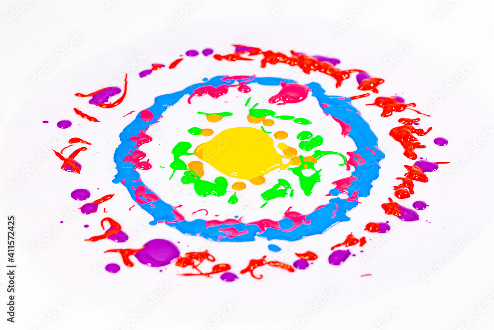 Poster various colors drop in lines on a white circle radial background and flow together