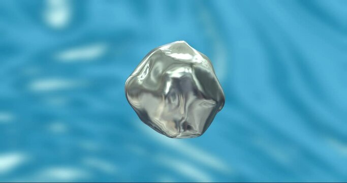 Flying Silver sphere as liquid metal on abstract background. Abstract drop of liquid with metallic effect.