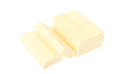 Vegetarian food. Tofu cheese on white background.