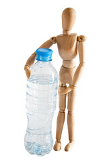 Wooden dummy holds plastic bottle of water isolated on white background
