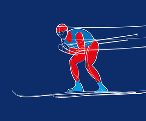 Athlete cross-country skiing. Stylish graphics on a dark background. Linear geometric design