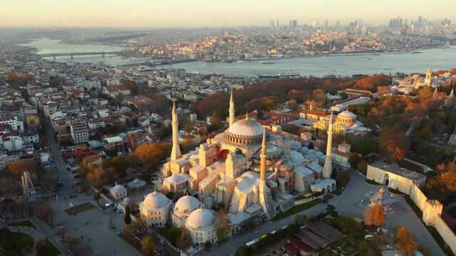 Aerial view of Hagia Sophia mosque and view of Istanbul in day