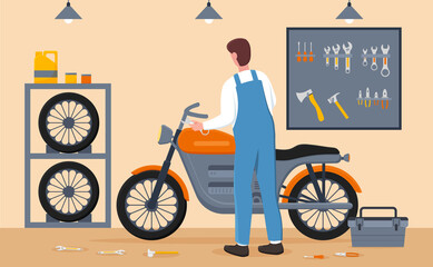 Male mechanic is customizing motorcycle at service garage. Man in overall is fixing and making bike more powerful. Flat cartoon vector illustration