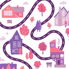 Hand drawn textured spring background with little houses, roads and trees. Village map view. Vector flat illustration. © LanaSham