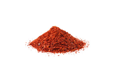 chilli pepper seedless flakes heap isolated on white background. Spices and food ingredients. in Korea known as Gochugaru. Used for Kimchi.